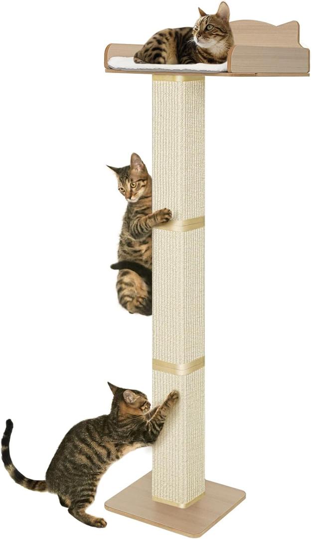 Cat Window Perch with Scratching Post, Cat Hammock for Window with 2 Suction Cups, Sisal Tall Cats Scratching Post with Large Perch, Cats Window Bed with Fuffy Cushion, Sisal