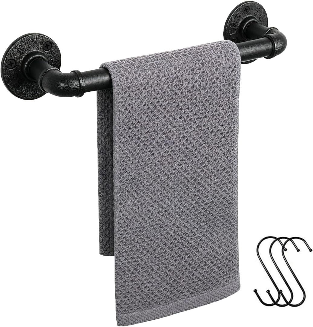 Industrial Pipe Towel Rack Towel Bar, Heavy Duty Wall Mounted Rustic Farmhouse Bath Towel Holder for Bathroom (Black, 12 inch)