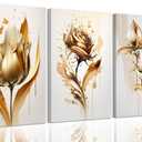 3Pcs Golden Rose Flower Canvas Wall Art Golden Floral Picture Wall Decor Modern Elegant Plant Poster Print for Living Room Bedroom Bathroom Office Artwork Home Decoration
