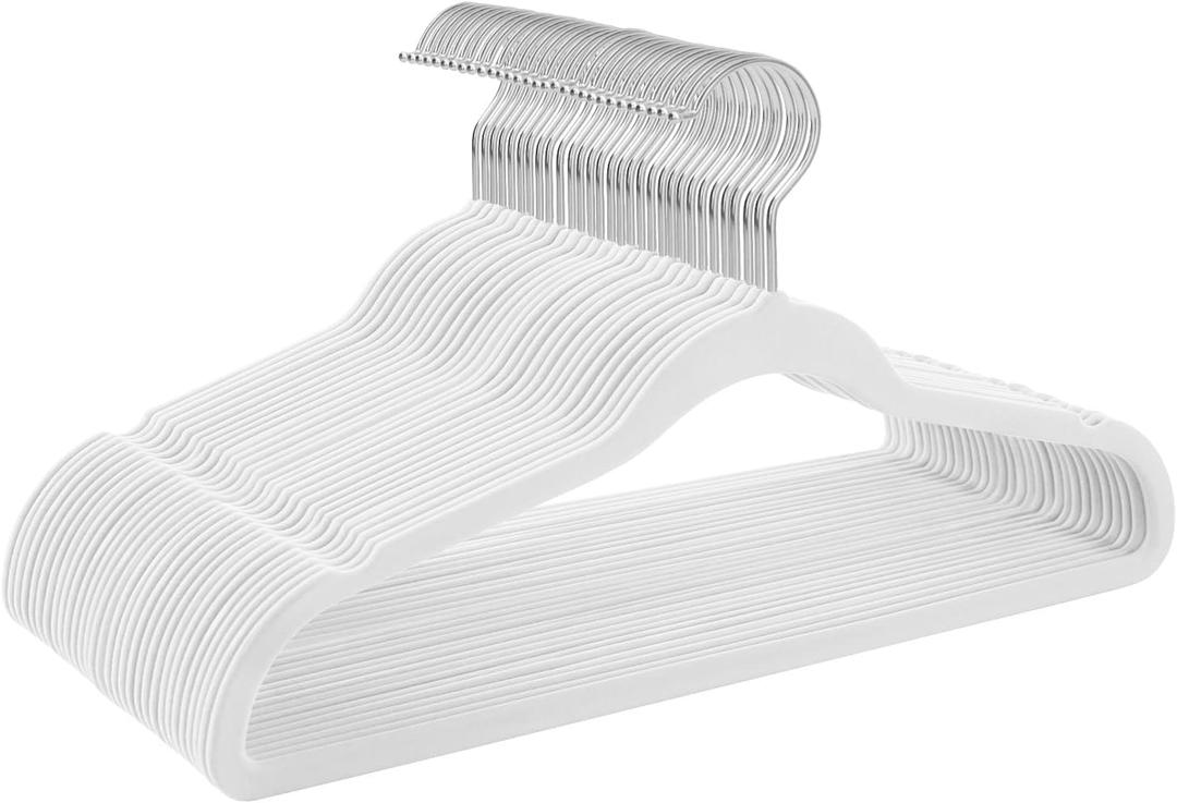 TIMMY Non-Slip Velvet Hangers - Suit & Coat (50-Pack) Ultra Thin Space Saving Heavy Duty Hangers Hold Up-To 10 Lbs - White/Silver (17.7inch)