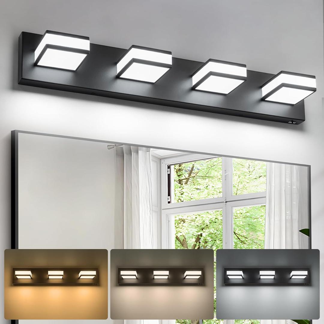 Modern LED 4 Light Bathroom Vanity Lights Over Mirror, 32W Dimmable 3CCT Acrylic Black Bathroom Wall Lighting Fixtures with 350 Rotatable Angle, 30 Inch