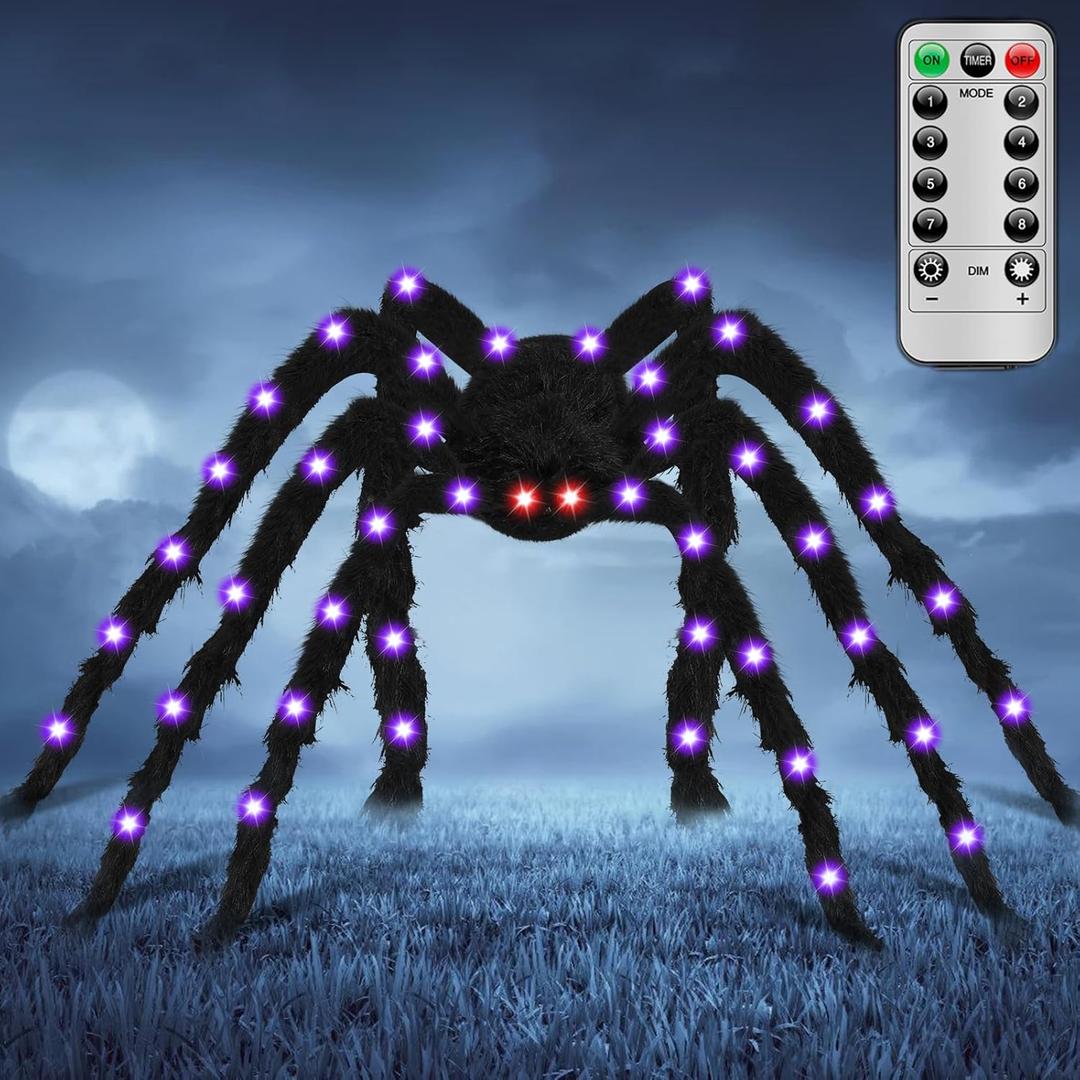 6.6Ft Halloween Decoration Light-Up Spider - 50 LEDs Giant Halloween Spider Decoration with Remote Control Red Lighted Eyes for Yard Party House Dcor Outdoor Indoor (Purple, 6.6 FT)