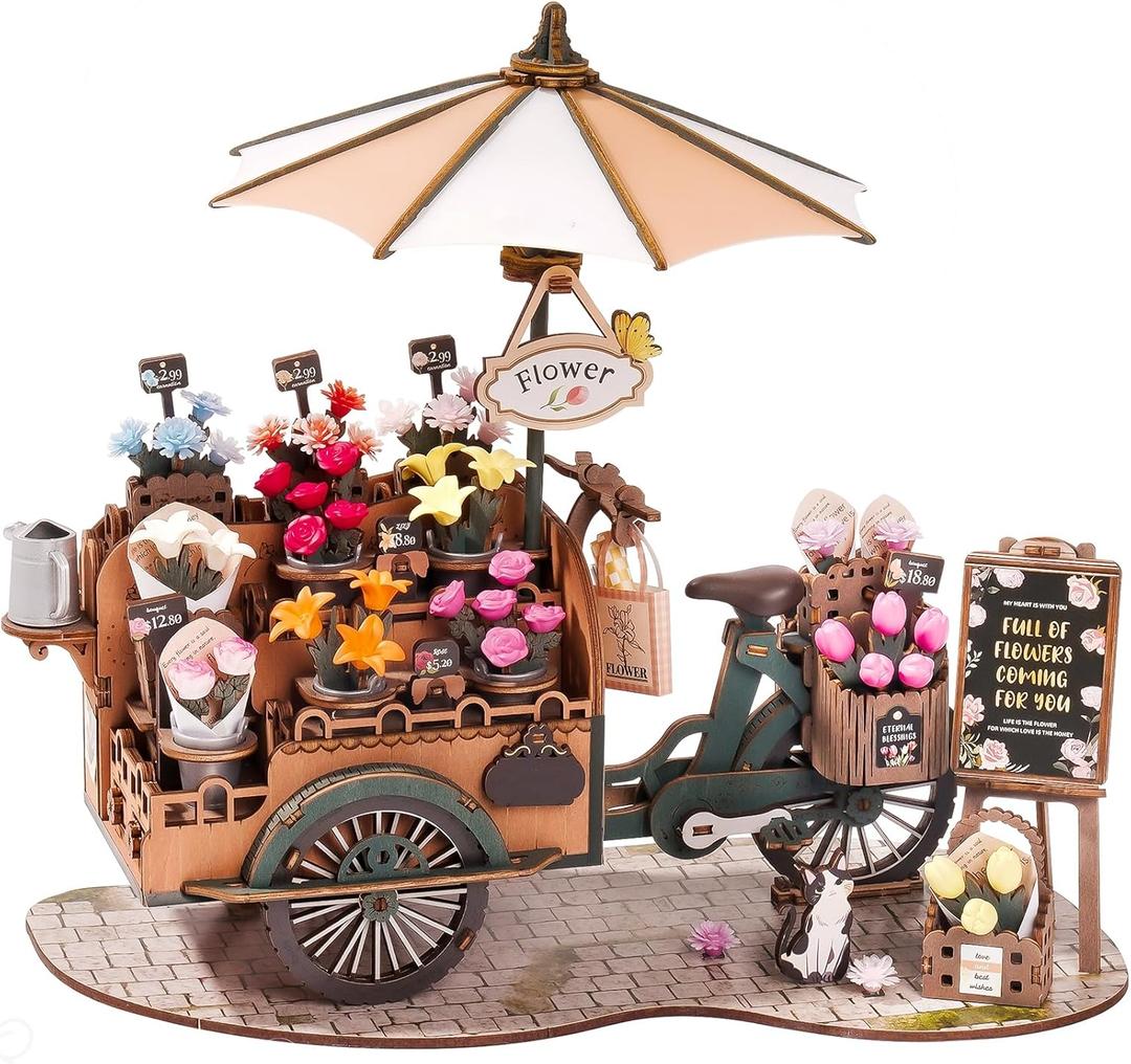 ROBOTIME 3D Wooden Puzzle for Adults Floral Cart Model Building Kit, DIY Flower Craft Hobby Gift Home Decor, Vintage Style Assembly Toy