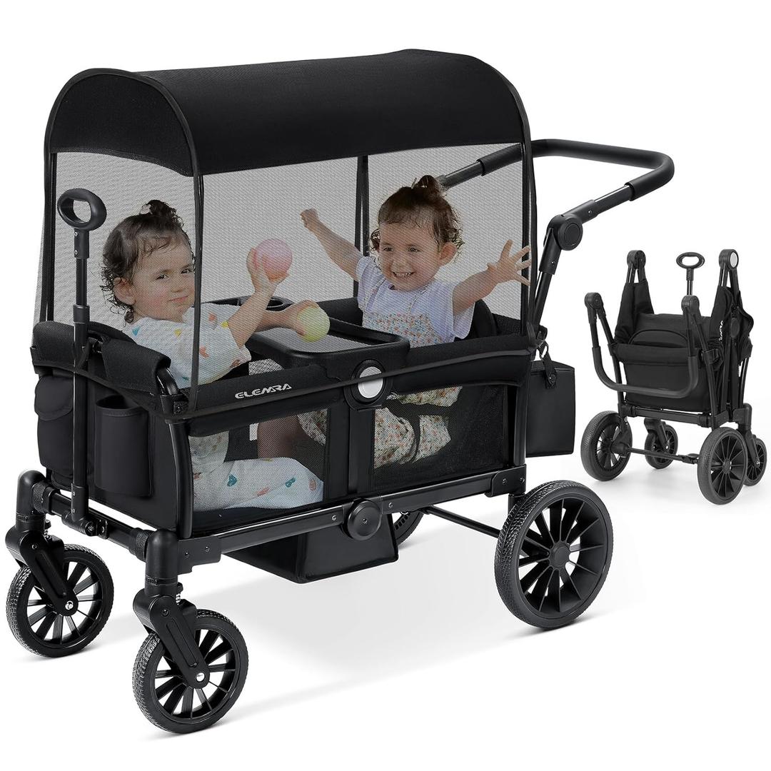 ELEMARA Foldable Wagon Stroller, Stroller Wagon for 2 Kids, Premium All Terrain Wagon for Kids with Removable Canopy, Adjustable Push/Pull Handle, Harnesses, Large Storage Bag, Black