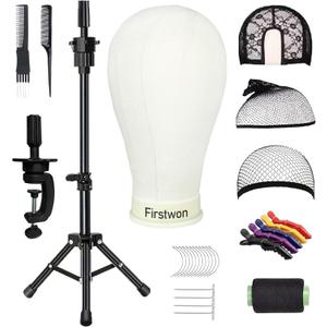 Firstwon 22 Inch Wig Head Mannequin Head for Wigs, Wig Stand with Head for Hair Styling Practice Display Wigs Making Tripod Stand with T Pins Set