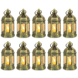 Mini Lantern with Flickering LED Candles Set of 6, Hewory Gold Vintage Decorative Hanging Candle Lanterns for Halloween, Christmas, Wedding Decorations, Party, Table Centerpiece, Battery Included