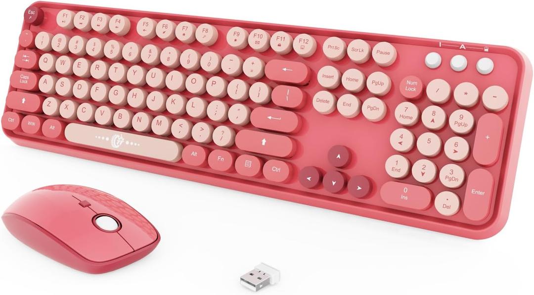 Wireless Keyboard and Mouse Combo, 2.4GHz Colorful Keyboard for Office Computer PC Desktops Laptop (104 Keys-Rose Pink)