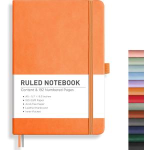 RETTACY Lined Journal Notebook, 192 Numbered Pages, A5 Medium Size (5.7'' x 8.3''), for Men & Women, Journaling, Writing, Work & Office, Leather Hardcover, 100 GSM Thick Paper (Orange)
