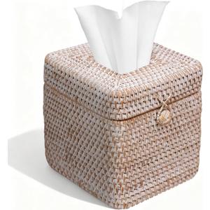 Whitewash Rattan Tissue Box Cover  5.5x5.5x5.9 Inch - Stylish Handwoven Tissue Holder with Lid - Ideal for Bathroom Vanity, Bedroom, or Living Room Home Accent