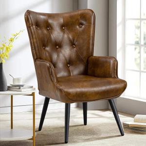 Furniliving PU Leather Accent Chair for Living Room, Upholstered Reading Chair with High Backrest, Tufted-Button Wingback Armchair for Bedroom, Dressing Room, Home Office, Brown (Set of 1)