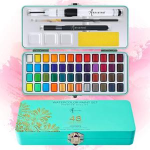 ARTISTRO 50 Color Watercolor Paint Set - Portable Paint Art Kit with Palette and Brush Pens - Travel Water Color Set for Adults, Professionals, Kids - Art and Painting Supplies - Gift Idea
