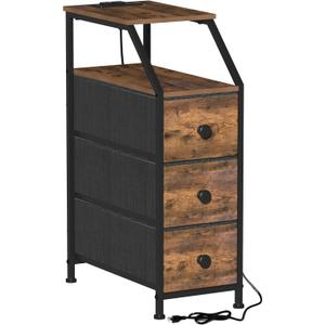 Tohomeor Narrow Dresser Tall Skinny Storage Tower Vertical Slim Chest of Drawers with Charging Station Small Nightstand Side Table for Bedroom, Bathroom, Small Spaces (Rustic Brown, 3 Drawers) (18.9"D x 9.8"W x 28.4"H (3 Drawers))