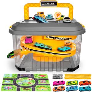 Toy Car Track Storage Playset - Car Toys Race Set Including 12 Diecast Cars, PlayMat, Race Tracks, Car Ramp, Kids Birthday Gift Toys for 2 3 4 5 Year Old Boys 1-3 2-4 Toddlers, Medium to Large