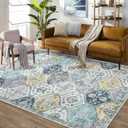Area Rug 5x7 Moroccan Trellis Machine Washable Vintage Medallion Distressed Floor Cover Carpet Stain Resistant Non-Slip Accent Rug Farmhouse Coffee Table Rug Decor, Blue/Yellow