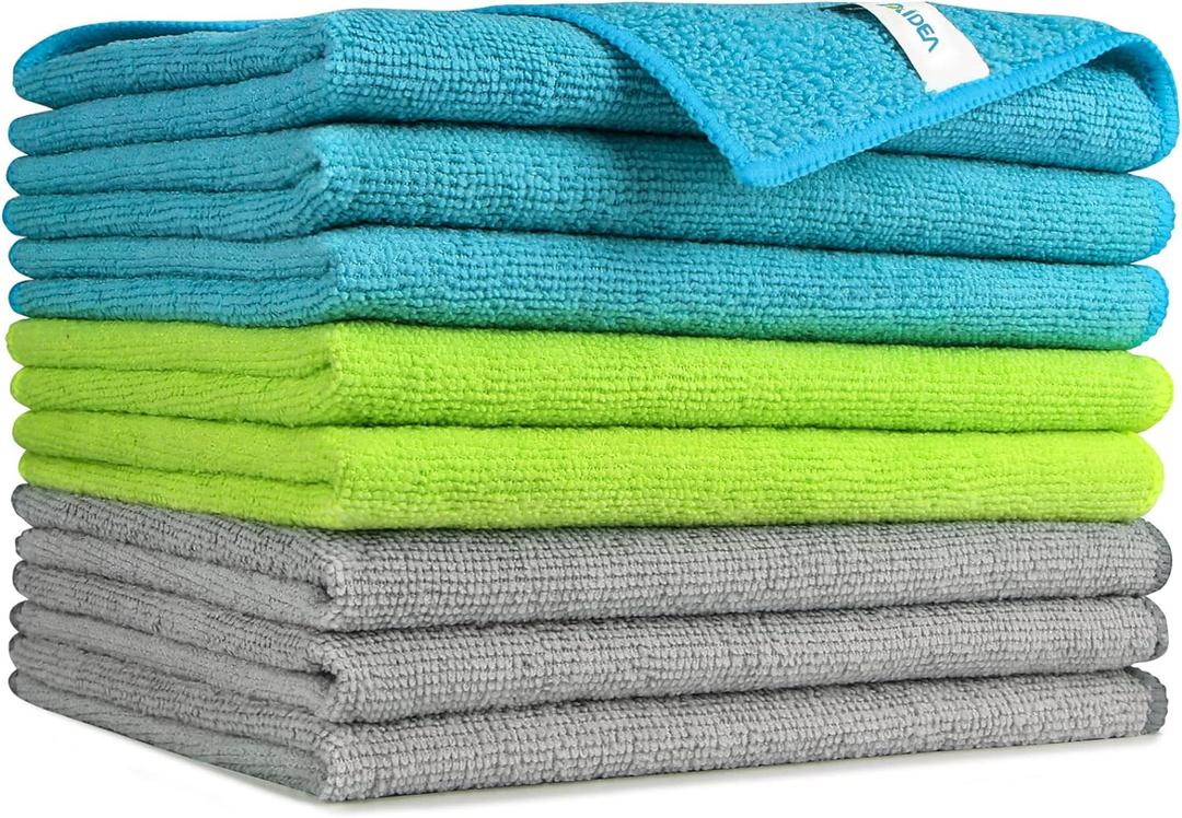 AIDEA Microfiber Cleaning Cloth-8PK, Soft Microfiber Towels for Cars, Absorbent Cleaning Rags, Lint-Free Streak-Free Wash Cloths for House, Kitchen, Window(12in.x16in.) (Blue/Green/Grey)