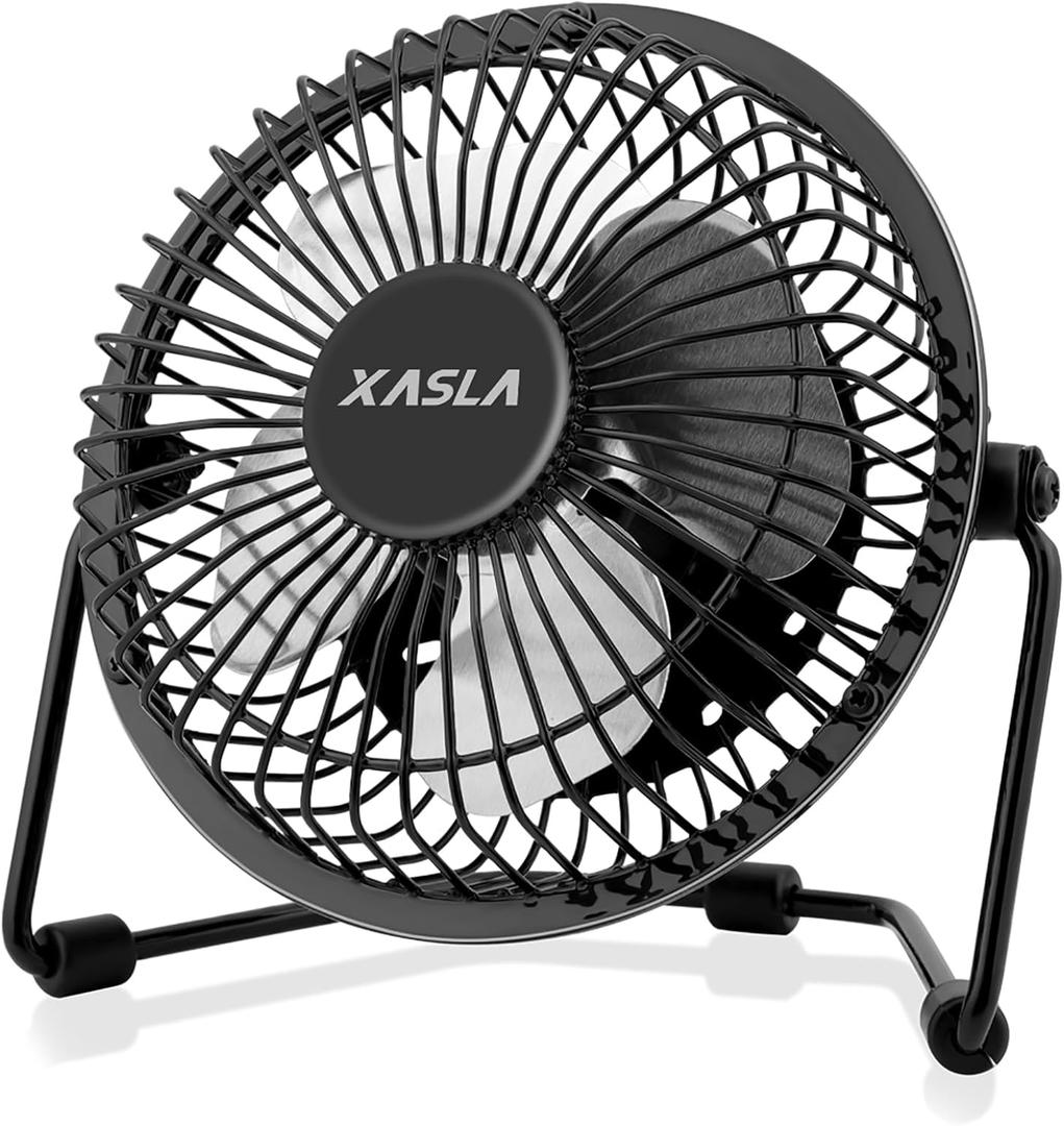 xasla 4 Inch Small USB Desk Fan, Mini Quiet Fan with Metal Construction & Strong Airflow & 360Adjustable Tilt Angle, Personal Cooling Fan for Desktop Office (Black)