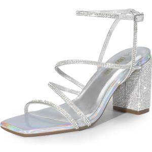 DREAM PAIRS Women's Heels Chunky Block Strappy Square Open Toe Ankle Buckle Heeled Sandals Wedding Party Dress Shoes Indie (6.5, Silver-rhinestone)
