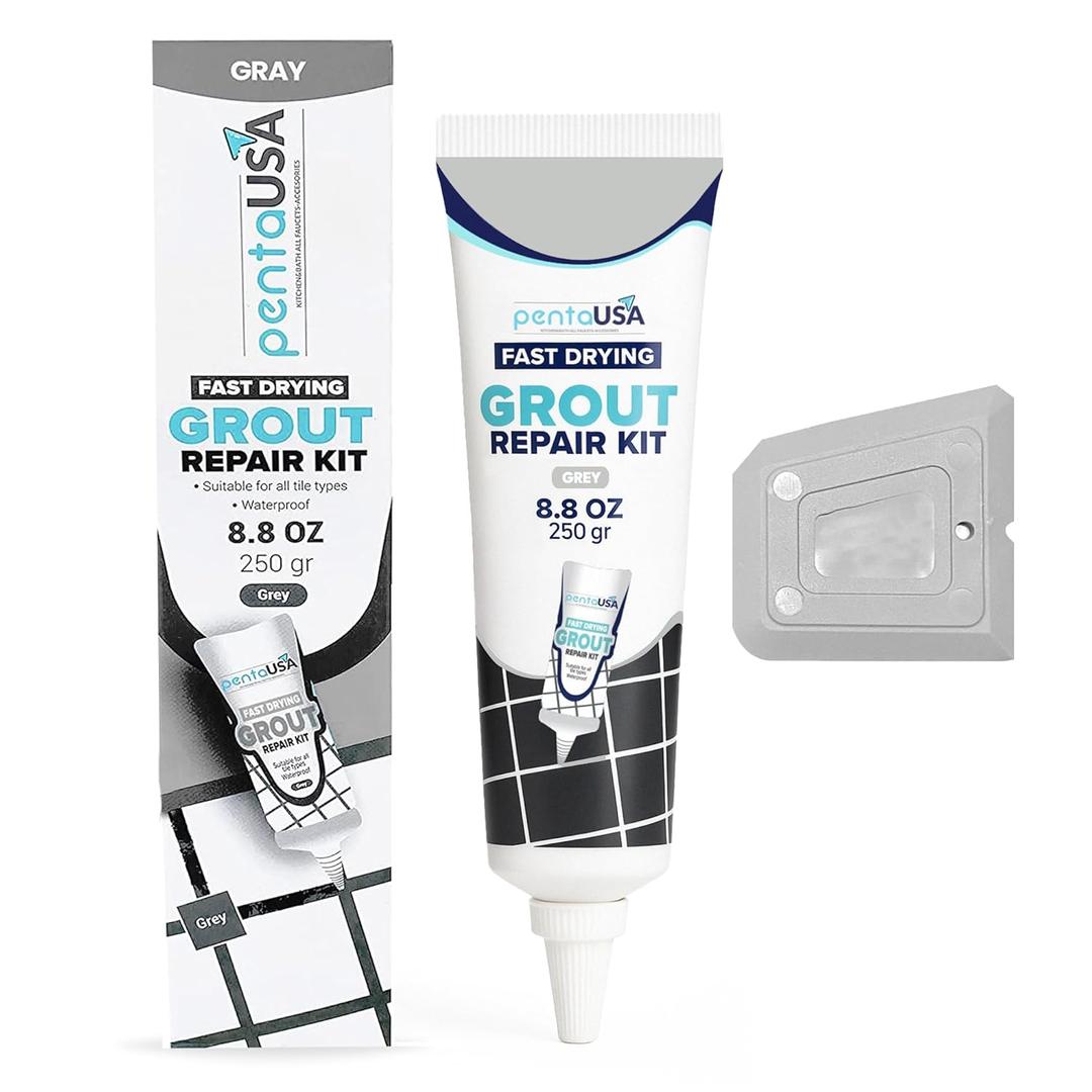 PentaUSA Tile Grout Repair Kit - Premixed Acrylic Sanded Grout for Bathroom, Shower & Kitchen, Water-Resistant Tube with Applicator, Fills Cracks and Gaps in Lines - Gray (8.8oz/250gr)