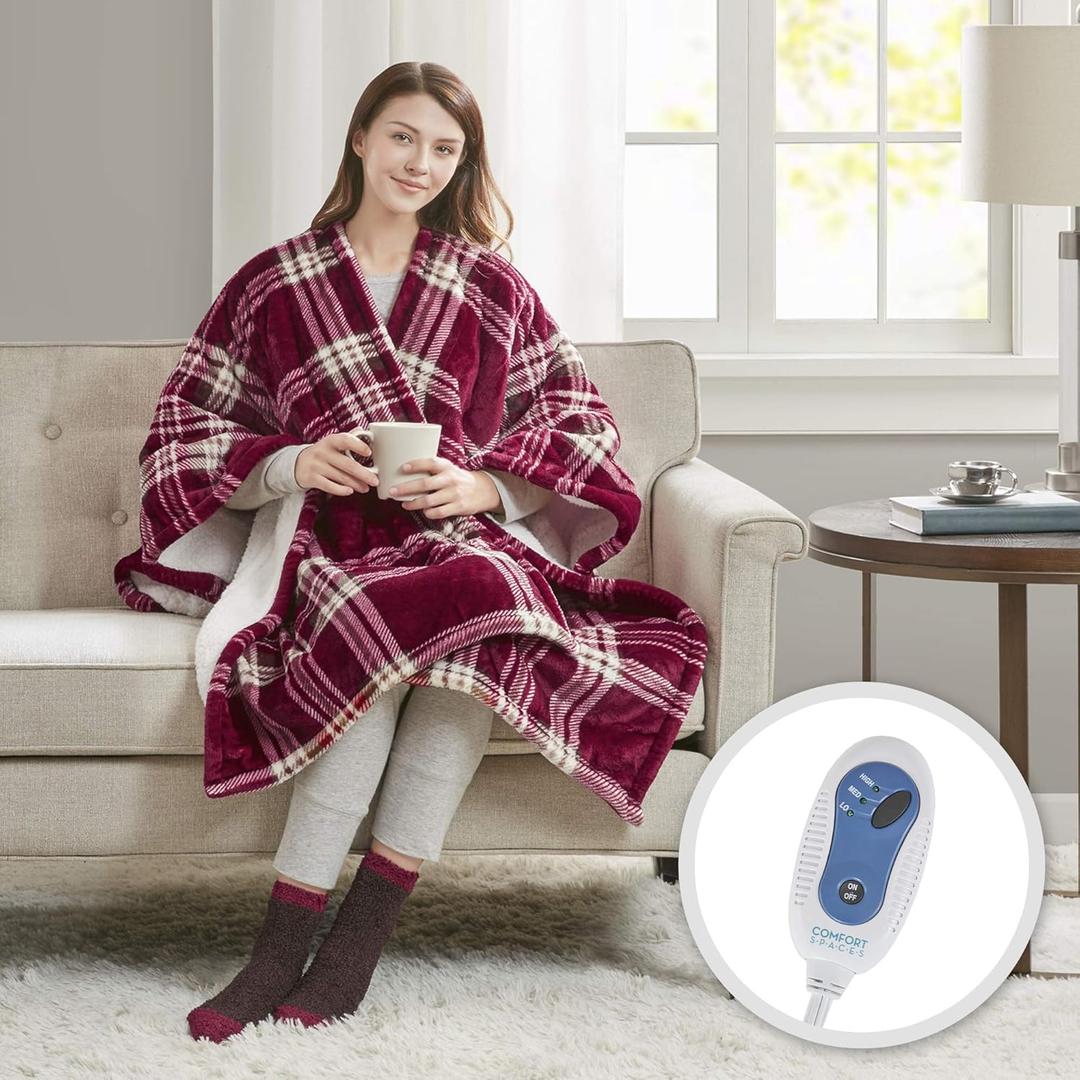 Comfort Spaces Plush to Sherpa Electric Blanket Shawl Shoulder, Neck Wrap with Matching Sock Set, Giftable Ultra Soft, Warm, Snuggle Fleece-Reversible Heated Poncho Throw, 50" W x 64" L, Red Plaid