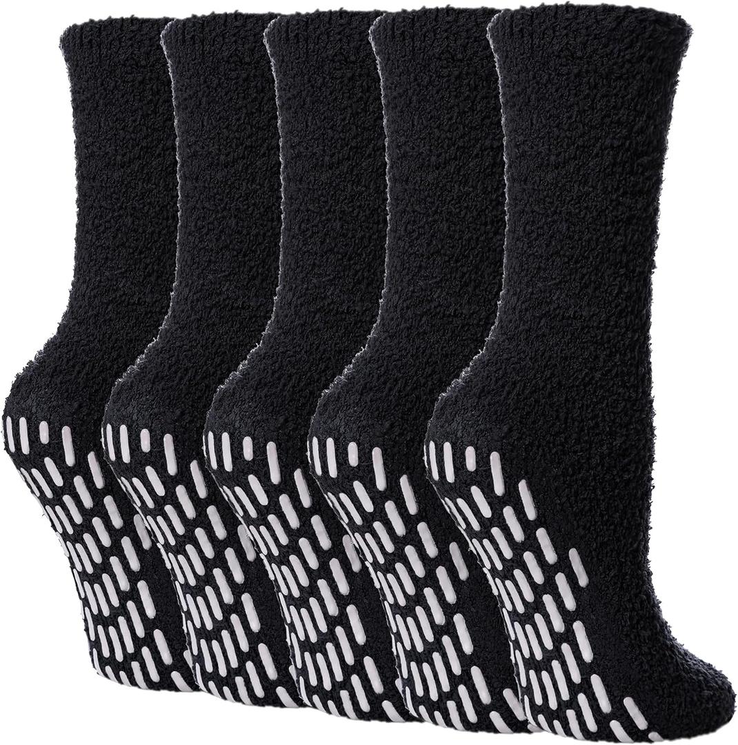 Yebing Non Slip Hospital Socks for Women with Grips Fuzzy Cozy Anti Skid Slipper Socks Winter Warm Soft Fluffy Sleep Socks (Black)