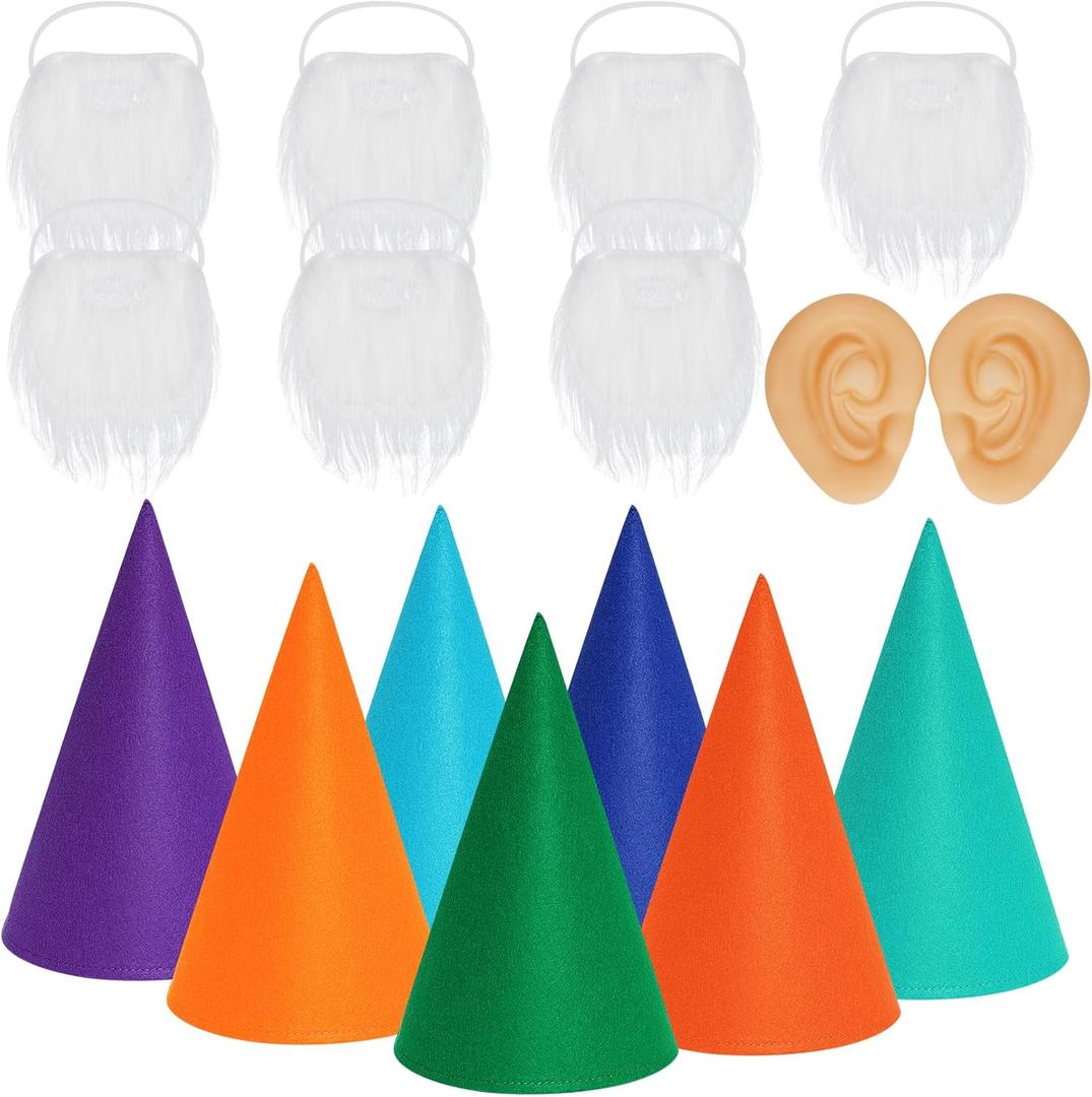 16 Packs Gnome Costume Set 7 Pcs Felt Dwarf Hats 7 Pcs White Fake Beard 2 Pcs Fake Ears for Halloween Christmas Party Cosplay (Color 3)