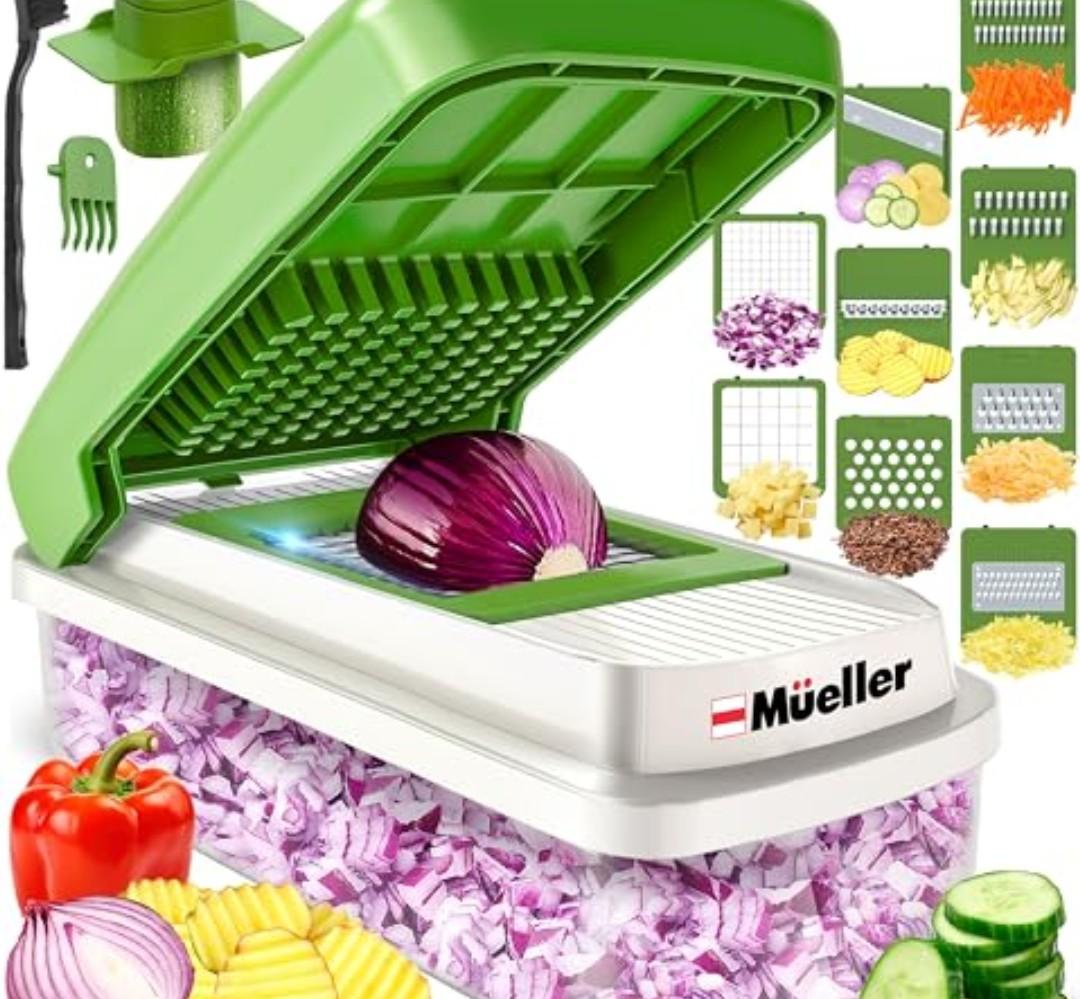 Mueller Vegetable Chopper 9 Blade, Mandoline Slicer, Food Veggie Chopper, Cheese Grater, Onion Vegetable Cutter with Container, Dicer, Kitchen Gadgets & Essentials, White Sand/Green Set of 2