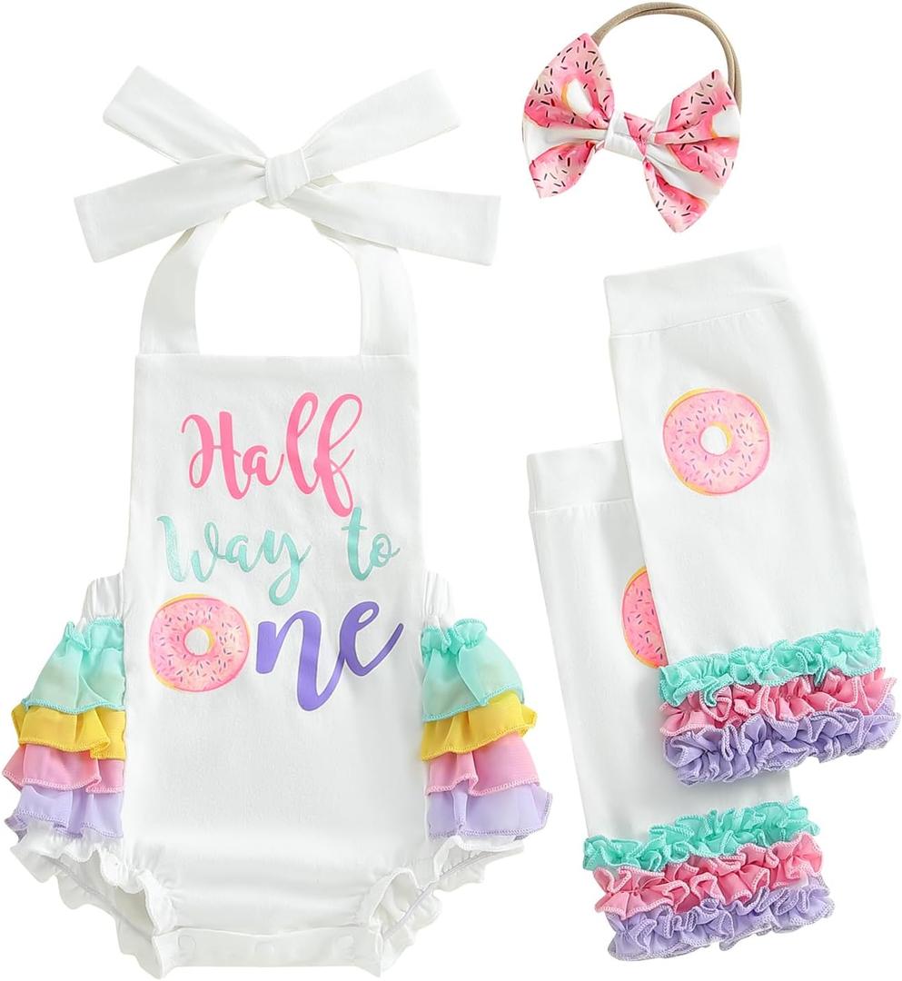 Baby Girl Half Birthday Outfit Half Way to One Donut Ruffle Romper Headband Leg Warmers 6 Month Birthday Set