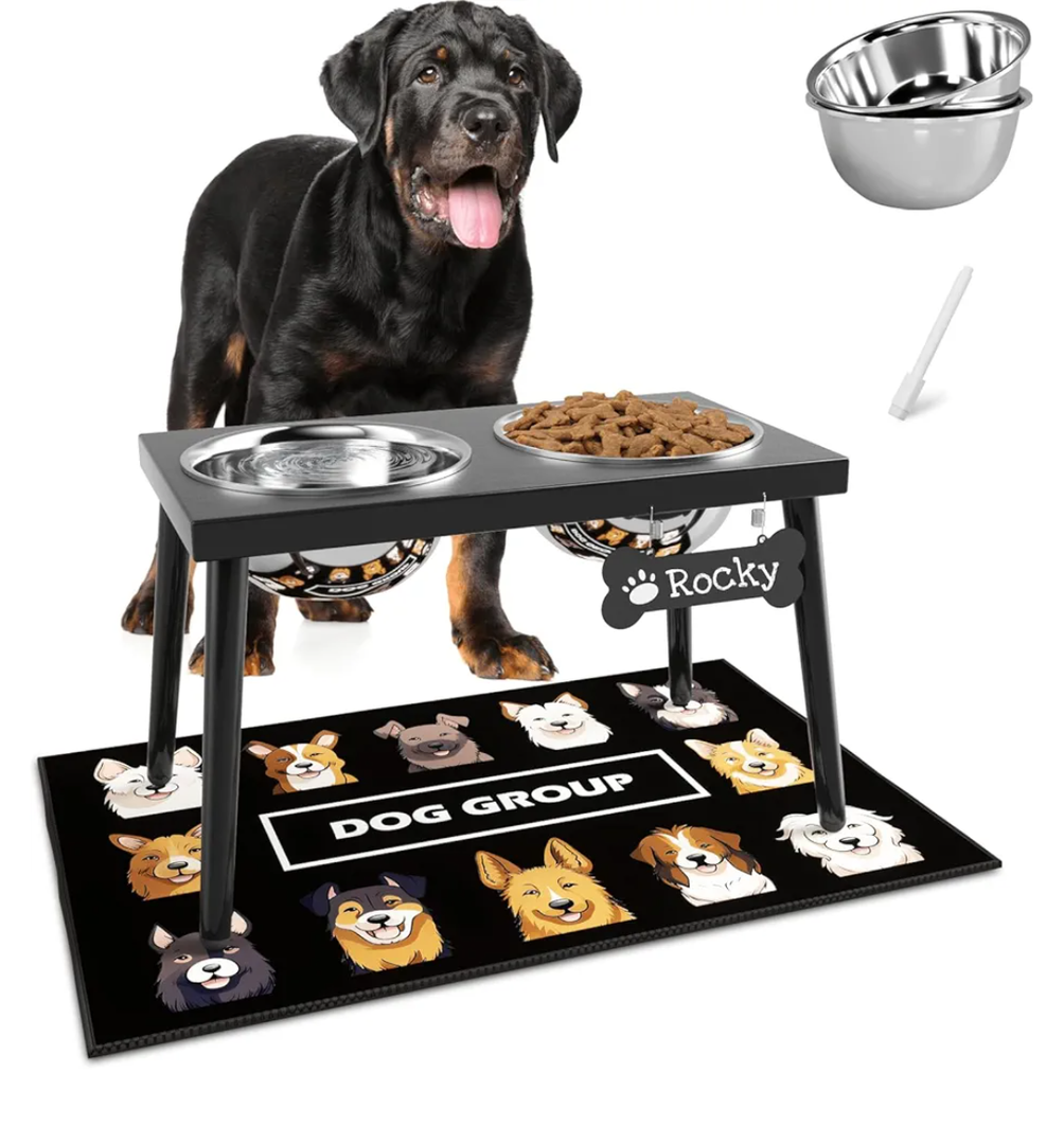 Metal Raised Dog Bowl Stand for Large and Medium Dogs, Stronger Elevated Dog Bowls with Sprill Proof Mat, Pet Food & Water Bowls 10" Tall Dogs Feeder (58OZ-Stainless Steel Pet Bowl, Mat-16x24)