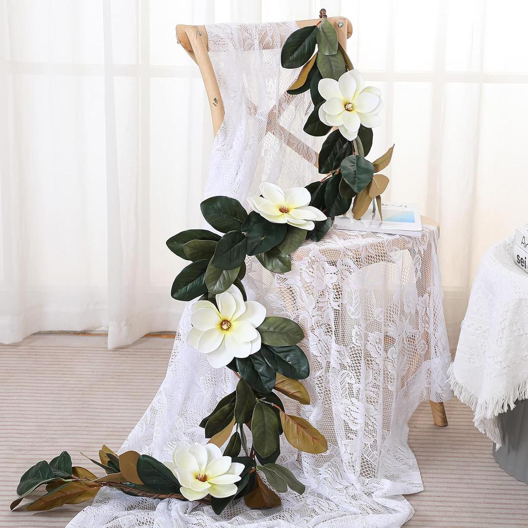 Jutom 6.6 FT Artificial Magnolia Garland, Spring Garland Decor with White Magnolia Flower & Leaf for Indoor Outdoor Holiday Decor - Doo, Mantle, Fireplace, Table, Wedding Arch