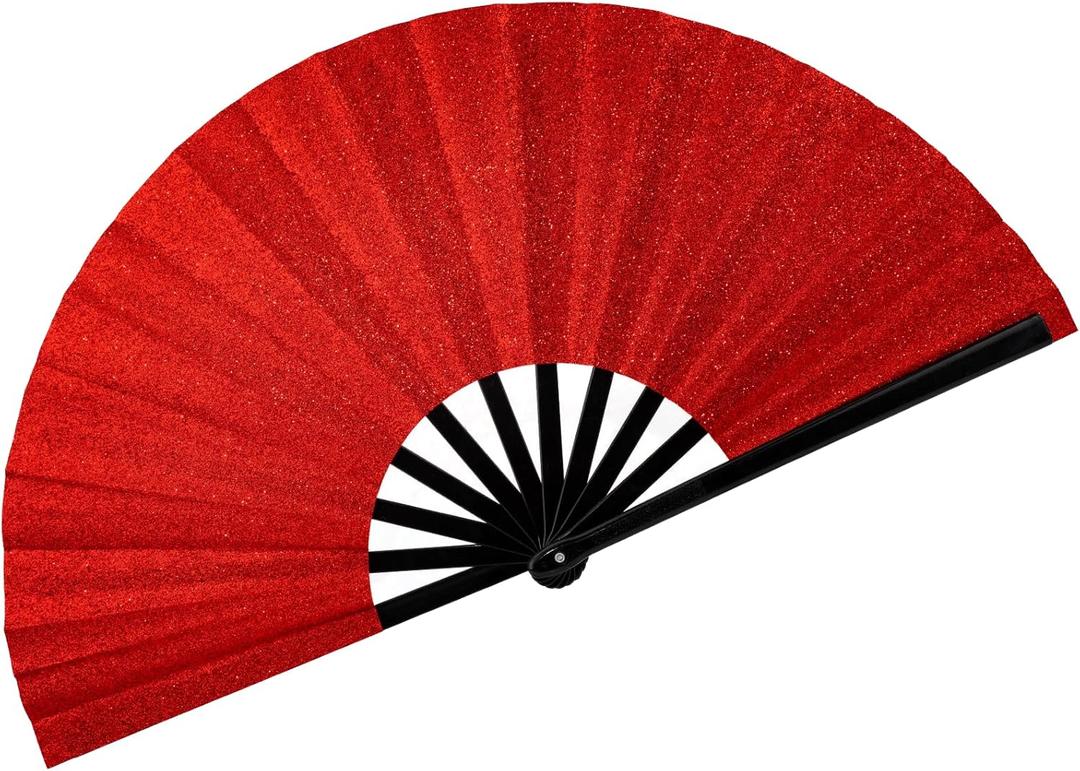 13" Glitter Large Rave Fans Clap Fans for Line Dancing Folding Clack Handheld Foldable Decorative Fans Hand Fan for Dance, EDM Music Festivals & Parties(Red)