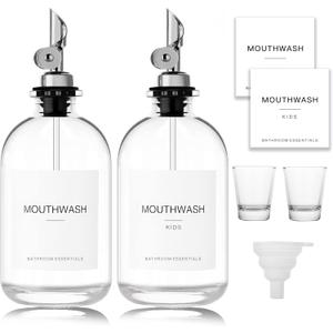 Mouthwash Dispenser for Bathroom, 12.7 oz, 2 Pack - Glass Mouthwash Bottle with 304 Stainless Steel Spout & Minimalist Labels, Style Mouthwash Container, Silver