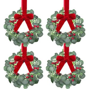4 Pack 12 Inch Christmas Kitchen Decor Mini Christmas Wreath Small Cabinet Wreaths with Red Bow Eucalyptus Leaves Flowering Boxwood Branches Red Berry Xmas Wreaths for Windows Door Wall Stairs Home