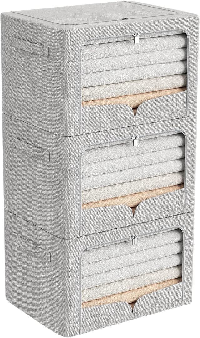 3 Pack Clothes Storage Bins Foldable Metal Frame Storage Box Extra Large Stackable Linen Fabric Organizer Set with Carrying Handles and Clear Window (Light Gray, 23.6x16.5x15.7inch(100L))