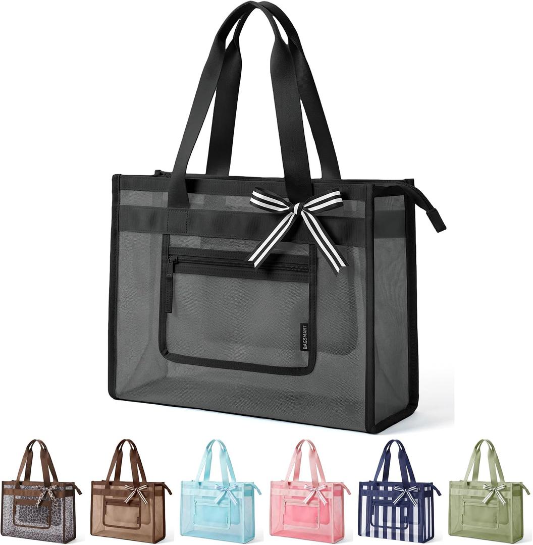 BAGSMART Mesh Beach Bag with Zipper Pocket, Large Beach Tote Bags for Women | for 40 oz Bottle