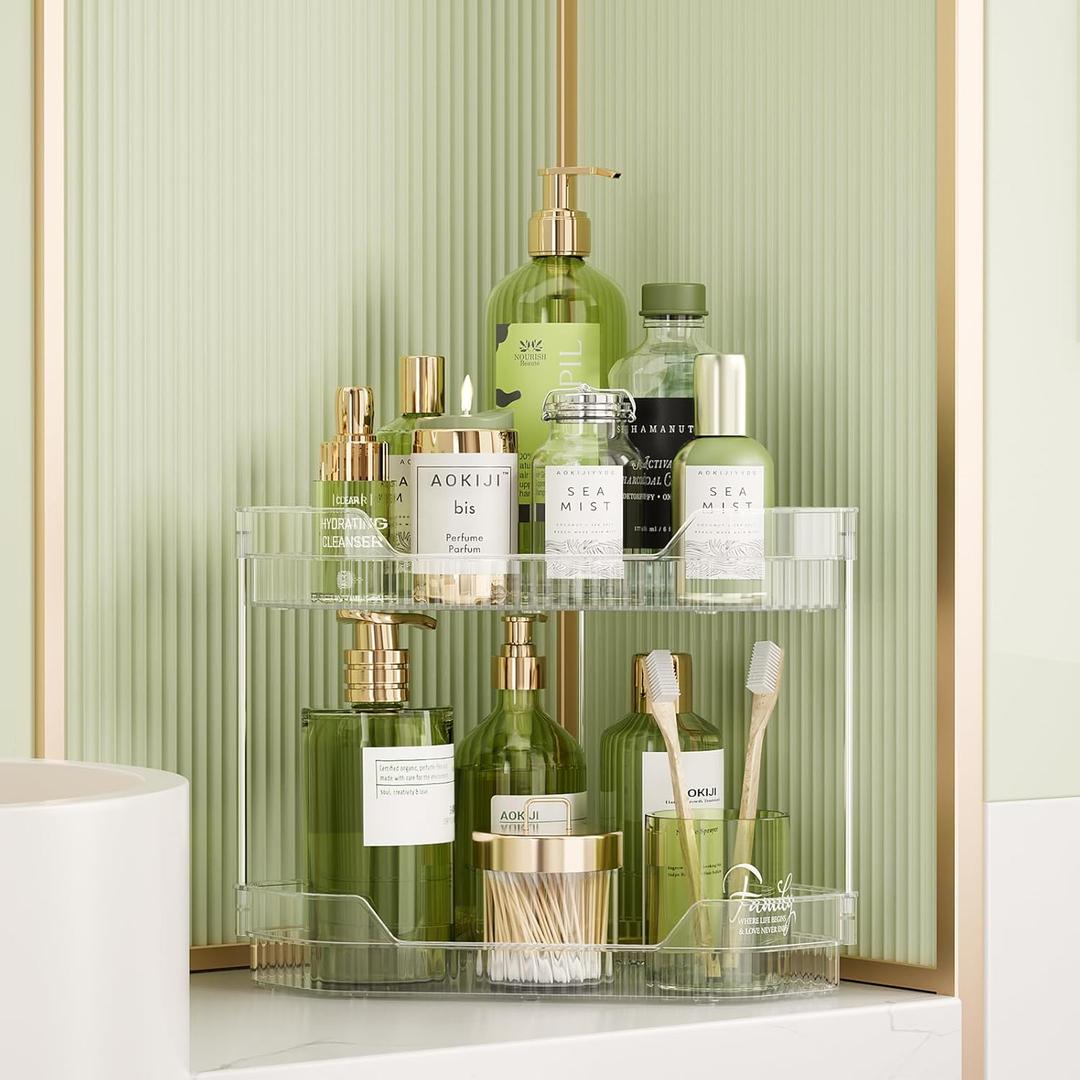 2-Tier Corner Bathroom Counter Organizer, Diamond-Shaped Corner Makeup Organizer Countertop, Easy to Install, Suitable for Bathroom, Dresser, Storage for Cosmetics, Skincare, Perfume, Clear