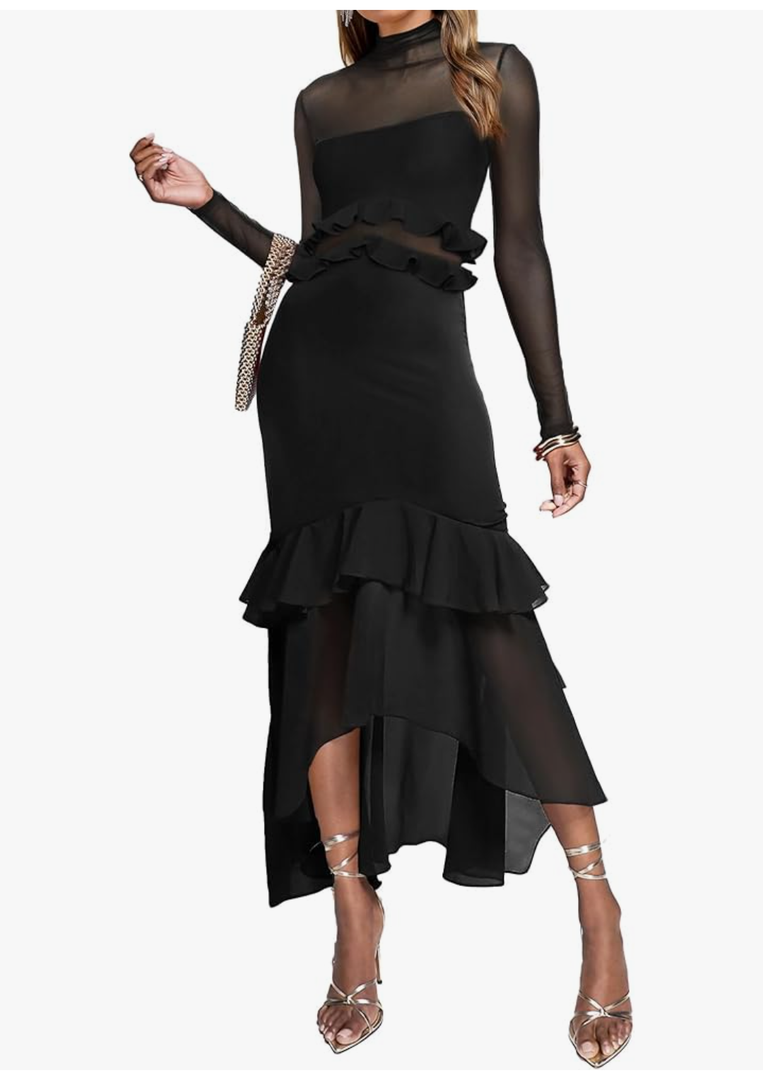 Aisbei Women's Elegant Bodycon Maxi Dress Mock Neck Long Sleeve Ruffle Mesh Party Cocktail Formal Wedding Guest Dresses, Black, XS
