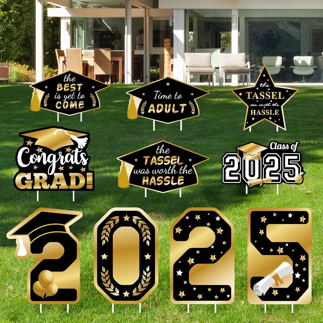 Graduation Decorations 2025 Yard Signs, 10 PCS Waterproof Congrats Grad Lawn Yard Sign with Stakes, Black and Gold Class of 2025 Yard Signs for Graduation Party Decorations Outdoor