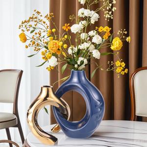 LCCCK Blue and Gold Ceramic Vases for Home Decor, Boho Vase for Flowers Pampas Grass Decorative, Navy Blue Hollow Donut Small Vase for Living Room Table Wedding Centerpiece Modern Vases