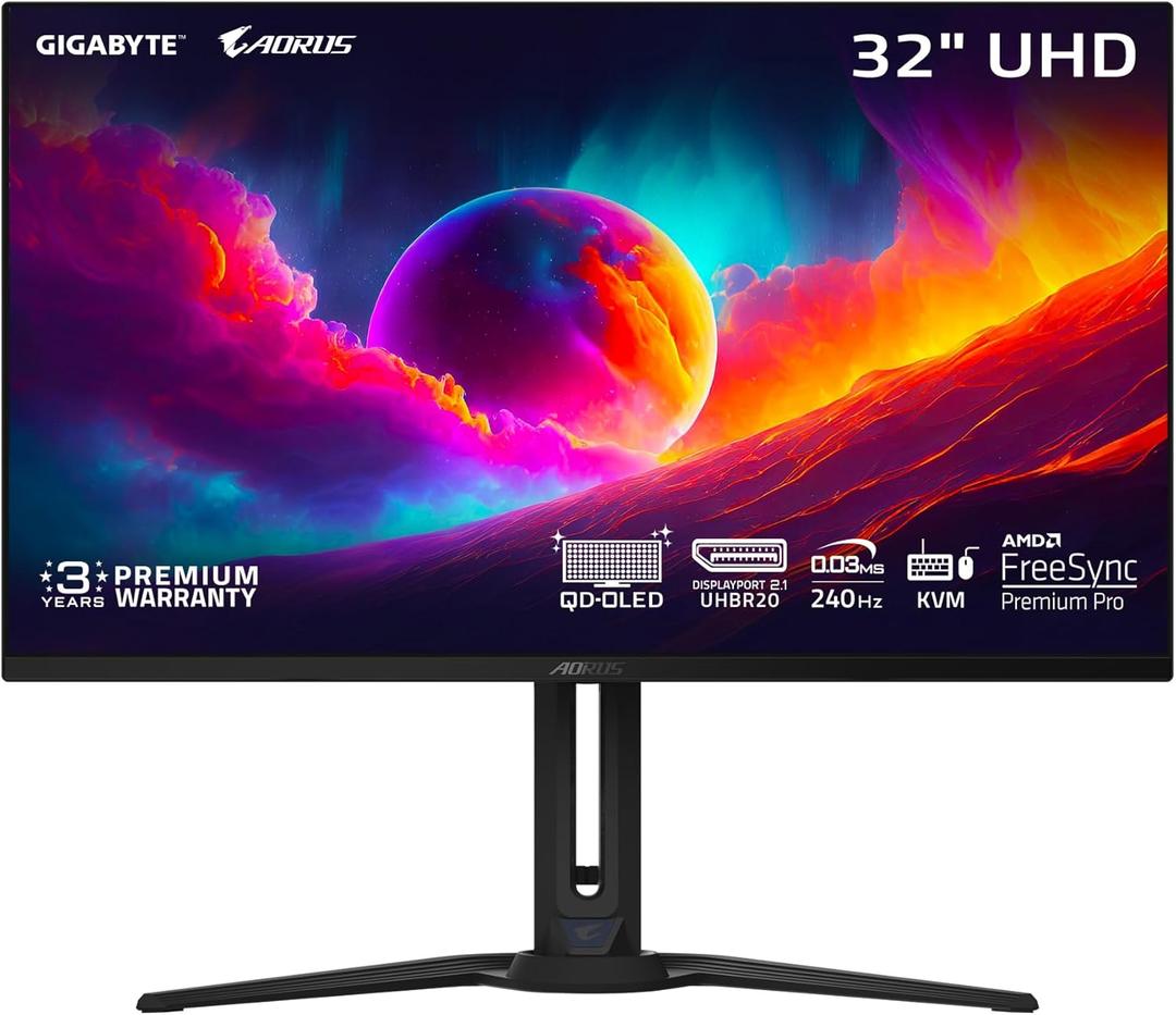 GIGABYTE - AORUS FO32U2 Pro - 32" QD OLED Gaming Monitor - UHD 3840x2160-240Hz - 0.03ms GTG - AMD FreeSync Premium Pro - Type C KVM - HDMI, DP, Type C - Height Adjustable - Black