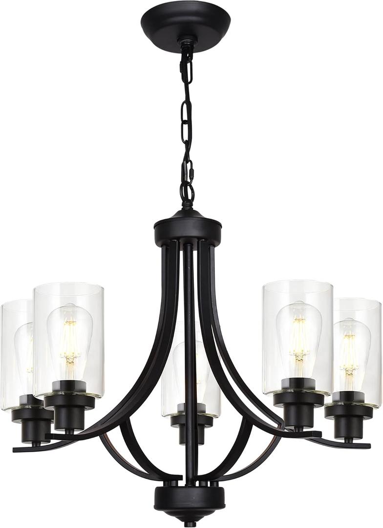 MELUCEE Traditional Chandelier Classic 5 Lights Farmhouse Pendant Light Black with Clear Glass Shade, Dining Room Lighting Fixtures Hanging Bedroom Chandelier Foyer Lighting