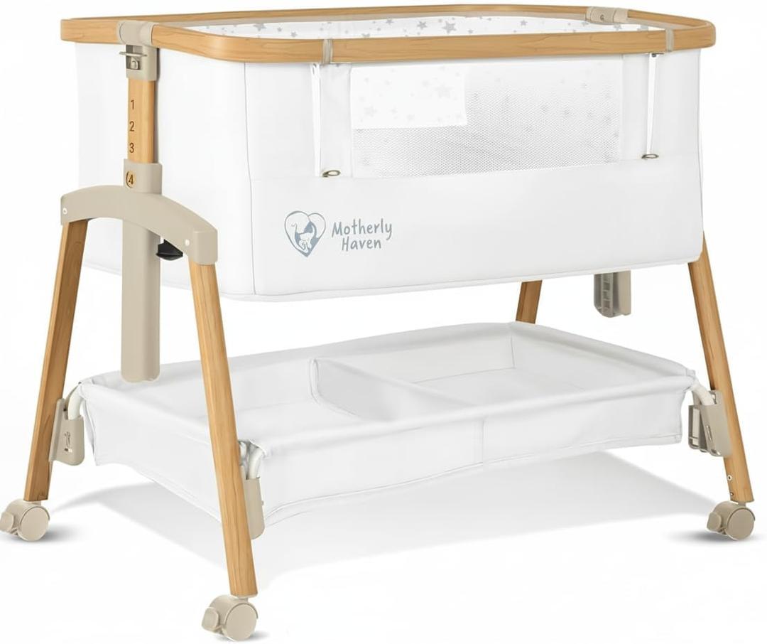 Baby Bassinet Bedside Sleeper, Portable Crib for Newborns, Adjustable 7-Height Auto-Lock, with Wheels, Soft Mattress & Breathable Mesh (White)