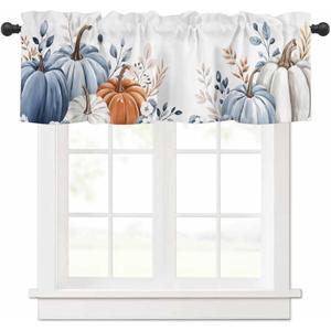 Fall Blue and White Pumpkins Flower Valance Curtains for Kitchen Window 54x18 Inch,Thanksgiving Orange Pumpkin Rod Pocket Small Curtain for Living Room Watercolor Floral Valances for Bathroom/Bedroom