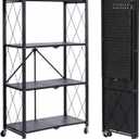 4 Tier Foldable Storage Shelf, Large Capacity Metal Shelf Rack, Rolling Bookshelf with Wheels, Wire Shelf Organizer for Kitchen, Pantry, Office, Garage, Basement, Black