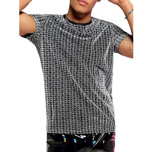 WDIRARA Men's Metallic Rave Shirt Short Sleeve Crewneck Pullover Party T Shirt Top Size L