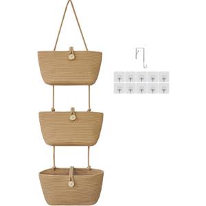 TeoKJ Over the Door Hanging Baskets with Wooden Button, 3-Tier Woven Cotton Storage Organizer Bag, Wall-Mounted with Hook Decorative Hanging Nursery Baskets, Jute