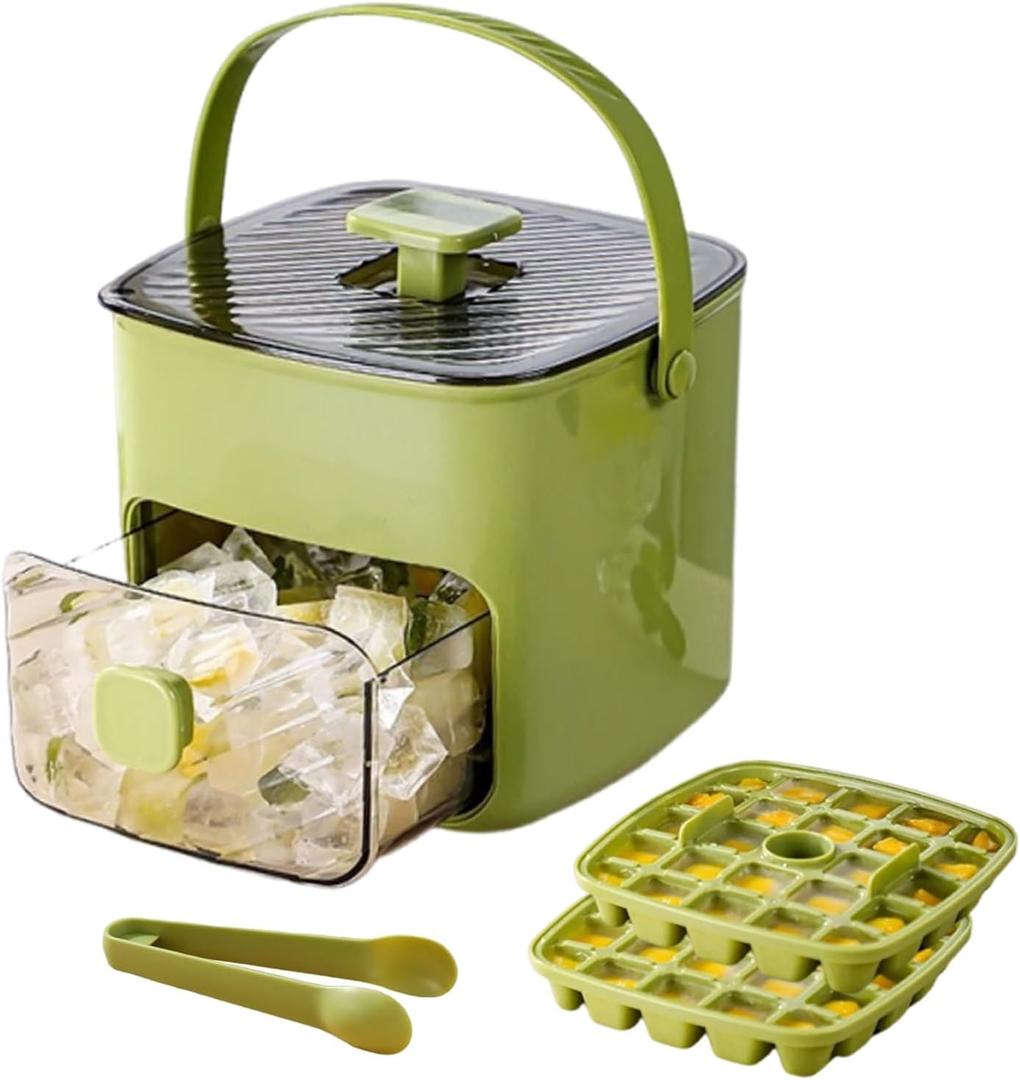 Ice Cube Tray with Lid and Bin, 2 Pack Ice Trays for Freezer, 48 Pcs Ice Cube Mold with Ice Tong, Ice Mold for Whiskey, Cocktail, Tea, Coffee (Green)