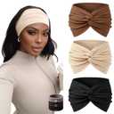7-Inch Wide Headbands for Women – 3 Pack Soft Thick Turban Hair Bands, Bandana-Style Head Wraps for Workout Yoga Sleep, Fashion Accessories with 6 Pcs Hair Ties-Brown, Apricot, Black