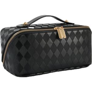 Travel Makeup Bag Large Capacity Cosmetic Bags for Women, Waterproof Toiletry Bag Open Flat Makeup Bag with Compartments and Handle, Portable Cosmetic Organizer Pouch, Diamond Black