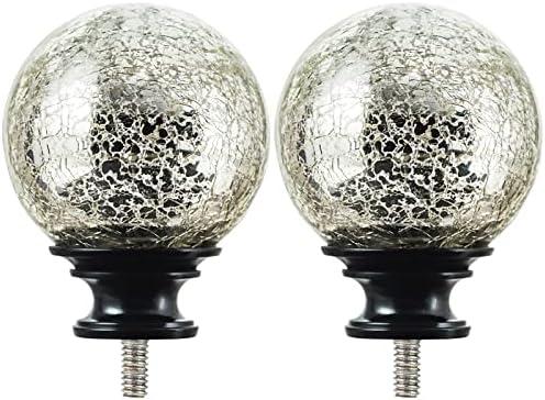 KAMANINA Crackle Glass Replacement Finials for 1 Inch Curtain rods, M6 Standard Screw Curtain Rod Finials, Set of 2, Black