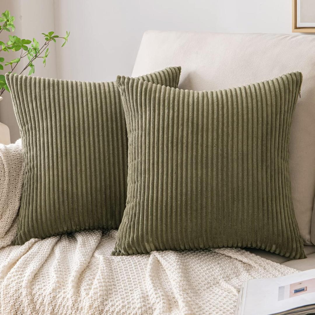 EMEMA Pack of 2 Corduroy Soft Soild Decorative Square Throw Pillow Covers Cushion Cases Spring Pillowcases for Couch Sofa Bedroom Car 12x12 Inch Olive Green